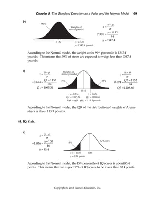 Chapter 5 The Standard Deviation as a Ruler and the Normal Model 69
Copyright © 2015 Pearson Education, Inc.
b)
According to the Normal model, the weight at the 99th percentile is 1347.4
pounds. This means that 99% of steers are expected to weigh less than 1347.4
pounds.
c)
According to the Normal model, the IQR of the distribution of weights of Angus
steers is about 113.3 pounds.
44. IQ, finis.
a)
According to the Normal model, the 15th percentile of IQ scores is about 83.4
points. This means that we expect 15% of IQ scores to be lower than 83.4 points.
1152
2.326
84
1347.4
y
z
y
y







1 1152
0.674
84
1 1095.34
y
z
Q
Q





 

3 1152
0.674
84
3 1208.60
y
z
Q
Q







100
1.036
16
83.4
y
z
y
y





 

 