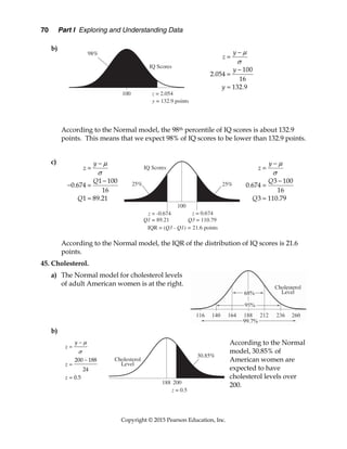 70 Part I Exploring and Understanding Data
Copyright © 2015 Pearson Education, Inc.
b)
According to the Normal model, the 98th percentile of IQ scores is about 132.9
points. This means that we expect 98% of IQ scores to be lower than 132.9 points.
c)
According to the Normal model, the IQR of the distribution of IQ scores is 21.6
points.
45. Cholesterol.
a) The Normal model for cholesterol levels
of adult American women is at the right.
b)
According to the Normal
model, 30.85% of
American women are
expected to have
cholesterol levels over
200.
200 188
24
0.5
y
z
z
z







100
2.054
16
132.9
y
z
y
y







1 100
0.674
16
1 89.21
y
z
Q
Q





 

3 100
0.674
16
3 110.79
y
z
Q
Q







 