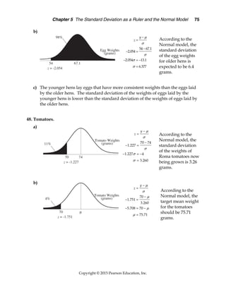 Chapter 5 The Standard Deviation as a Ruler and the Normal Model 75
Copyright © 2015 Pearson Education, Inc.
b)
According to the
Normal model, the
standard deviation
of the egg weights
for older hens is
expected to be 6.4
grams.
c) The younger hens lay eggs that have more consistent weights than the eggs laid
by the older hens. The standard deviation of the weights of eggs laid by the
younger hens is lower than the standard deviation of the weights of eggs laid by
the older hens.
48. Tomatoes.
a)
According to the
Normal model, the
standard deviation
of the weights of
Roma tomatoes now
being grown is 3.26
grams.
b)
According to the
Normal model, the
target mean weight
for the tomatoes
should be 75.71
grams.
54 67.1
2.054
2.054 13.1
6.377
y
z








 
  

70
1.751
3.260
5.708 70
75.71
y
z








 
  

70 74
1.227
1.227 4
3.260
y
z








 
  

 