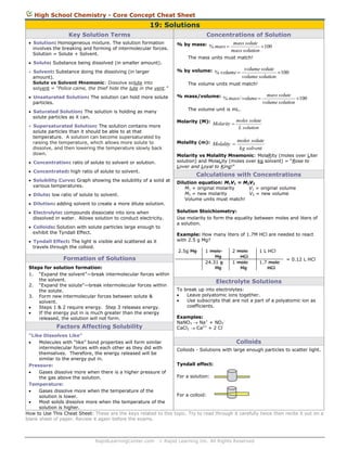 High School Chemistry - Core Concept Cheat Sheet

19: Solutions
Key Solution Terms

Concentrations of Solution

 Solution: Homogeneous mixture. The solution formation
involves the breaking and forming of intermolecular forces.
Solution = Solute + Solvent.
 Solute: Substance being dissolved (in smaller amount).

% by mass: % mass  mass solute  100

mass solution

The mass units must match!

 Solvent: Substance doing the dissolving (in larger
amount).
Solute vs Solvent Mnemonic: Dissolve solute into
solvent = “Police came, the thief hide the lute in the vent.”

% by volume: % volume  volume solute  100

 Unsaturated Solution: The solution can hold more solute
particles.

% mass/volume: % mass / volume 

mass solute
100
volume solution

The volume unit is mL.

 Saturated Solution: The solution is holding as many
solute particles as it can.
 Supersaturated Solution: The solution contains more
solute particles than it should be able to at that
temperature. A solution can become supersaturated by
raising the temperature, which allows more solute to
dissolve, and then lowering the temperature slowly back
down.
 Concentration: ratio of solute to solvent or solution.
 Concentrated: high ratio of solute to solvent.
 Solubility Curve: Graph showing the solubility of a solid at
various temperatures.
 Dilute: low ratio of solute to solvent.
 Dilution: adding solvent to create a more dilute solution.
 Electrolyte: compounds dissociate into ions when
dissolved in water. Allows solution to conduct electricity.
 Colloids: Solution with solute particles large enough to
exhibit the Tyndall Effect.
 Tyndall Effect: The light is visible and scattered as it
travels through the colloid.

Molarity (M): Molarity  moles solute

L solution

Molality (m): Molality  moles solute

kg solvent

Molarity vs Molality Mnemonic: MolaRity (moles over Liter
solution) and MolaLity (moles over kg solvent) = “Rose to
Lover and Loyal to King!”

Calculations with Concentrations
Dilution equation: M1V1 = M2V2
M1 = original molarity
V1 = original volume
M2 = new molarity
V2 = new volume
Volume units must match!
Solution Stoichiometry:
Use molarity to form the equality between moles and liters of
a solution.
Example: How many liters of 1.7M HCl are needed to react
with 2.5 g Mg?
2.5g Mg

Formation of Solutions
Steps for solution formation:
1. “Expand the solvent”—break intermolecular forces within
the solvent.
2. “Expand the solute”—break intermolecular forces within
the solute.
3. Form new intermolecular forces between solute &
solvent.

Steps 1 & 2 require energy. Step 3 releases energy.

If the energy put in is much greater than the energy
released, the solution will not form.

Factors Affecting Solubility
“Like Dissolves Like”

Molecules with “like” bond properties will form similar
intermolecular forces with each other as they did with
themselves. Therefore, the energy released will be
similar to the energy put in.
Pressure:

Gases dissolve more when there is a higher pressure of
the gas above the solution.
Temperature:

Gases dissolve more when the temperature of the
solution is lower.

Most solids dissolve more when the temperature of the
solution is higher.
How to Use This Cheat Sheet: These are the keys related to this
blank sheet of paper. Review it again before the exams.

RapidLearningCenter.com

volume solution

The volume units must match!

1 mole
Mg
24.31 g
Mg

2 mole
HCl
1 mole
Mg

1 L HCl
1.7 mole
HCl

= 0.12 L HCl

Electrolyte Solutions
To break up into electrolytes:

Leave polyatomic ions together.

Use subscripts that are not a part of a polyatomic ion as
coefficients.
Examples:
NaNO3  Na+ + NO3CaCl2  Ca2+ + 2 Cl-

Colloids
Colloids - Solutions with large enough particles to scatter light.
Tyndall effect:
For a solution:

For a colloid:

topic. Try to read through it carefully twice then recite it out on a

 Rapid Learning Inc. All Rights Reserved

 