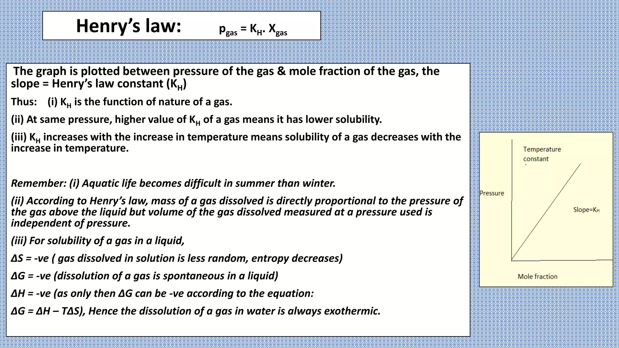 Henry’s law: pgas = KH. Χgas
The graph is plotted between pressure of the gas & mole fraction of the gas, the
slope = Henry’s law constant (KH)
Thus: (i) KH is the function of nature of a gas.
(ii) At same pressure, higher value of KH of a gas means it has lower solubility.
(iii) KH increases with the increase in temperature means solubility of a gas decreases with the
increase in temperature.
Remember: (i) Aquatic life becomes difficult in summer than winter.
(ii) According to Henry’s law, mass of a gas dissolved is directly proportional to the pressure of
the gas above the liquid but volume of the gas dissolved measured at a pressure used is
independent of pressure.
(iii) For solubility of a gas in a liquid,
ΔS = -ve ( gas dissolved in solution is less random, entropy decreases)
ΔG = -ve (dissolution of a gas is spontaneous in a liquid)
ΔH = -ve (as only then ΔG can be -ve according to the equation:
ΔG = ΔH – TΔS), Hence the dissolution of a gas in water is always exothermic.
 