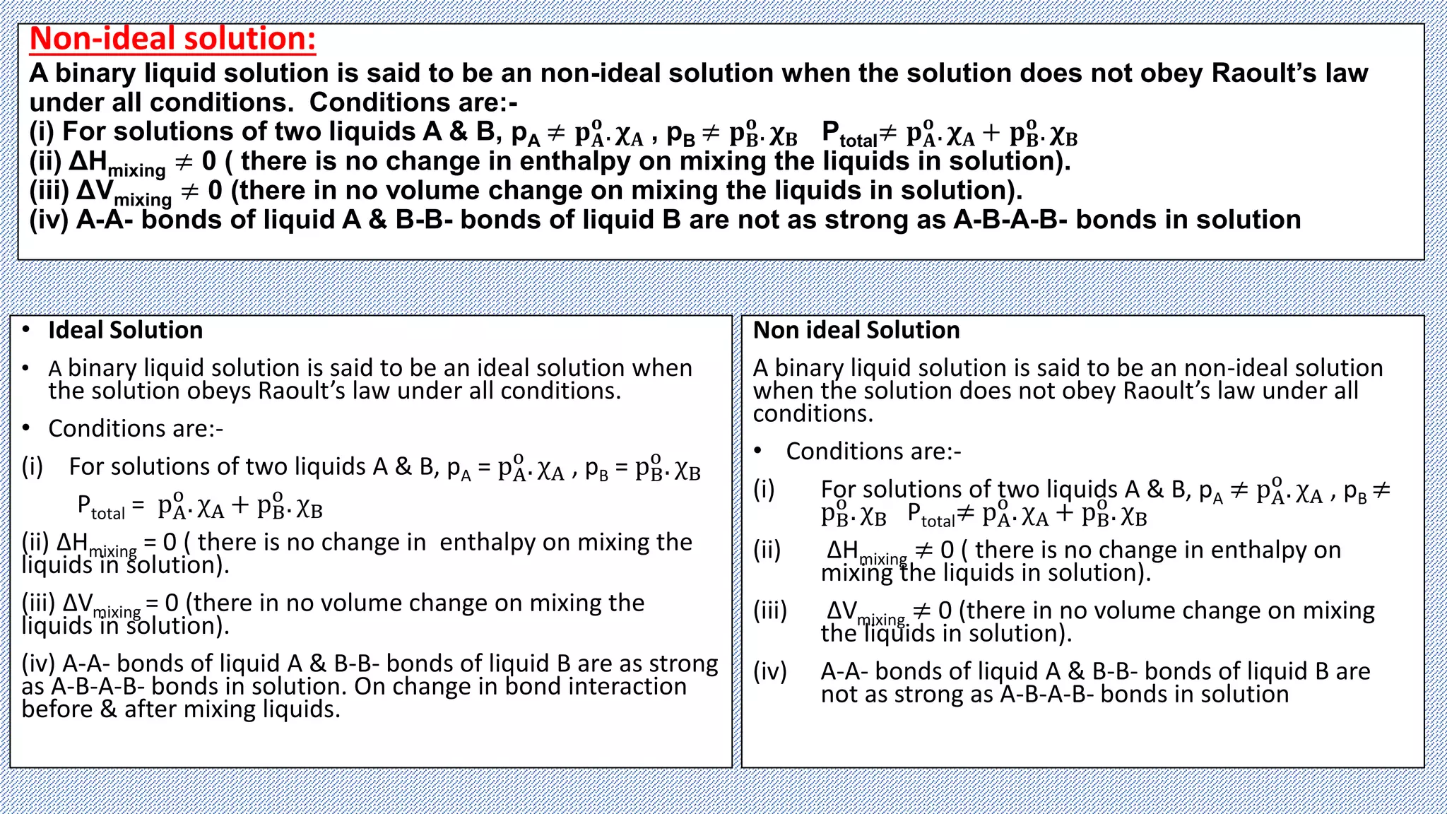 Non-ideal solution:
A binary liquid solution is said to be an non-ideal solution when the solution does not obey Raoult’s law
under all conditions. Conditions are:-
(i) For solutions of two liquids A & B, pA ≠ 𝐩𝐀
𝐨
. 𝛘𝐀 , pB ≠ 𝐩𝐁
𝐨
. 𝛘𝐁 Ptotal≠ 𝐩𝐀
𝐨
. 𝛘𝐀 + 𝐩𝐁
𝐨
. 𝛘𝐁
(ii) ΔHmixing ≠ 0 ( there is no change in enthalpy on mixing the liquids in solution).
(iii) ΔVmixing ≠ 0 (there in no volume change on mixing the liquids in solution).
(iv) A-A- bonds of liquid A & B-B- bonds of liquid B are not as strong as A-B-A-B- bonds in solution
• Ideal Solution
• A binary liquid solution is said to be an ideal solution when
the solution obeys Raoult’s law under all conditions.
• Conditions are:-
(i) For solutions of two liquids A & B, pA = pA
o
. χA , pB = pB
o
. χB
Ptotal = pA
o
. χA + pB
o
. χB
(ii) ΔHmixing = 0 ( there is no change in enthalpy on mixing the
liquids in solution).
(iii) ΔVmixing = 0 (there in no volume change on mixing the
liquids in solution).
(iv) A-A- bonds of liquid A & B-B- bonds of liquid B are as strong
as A-B-A-B- bonds in solution. On change in bond interaction
before & after mixing liquids.
Non ideal Solution
A binary liquid solution is said to be an non-ideal solution
when the solution does not obey Raoult’s law under all
conditions.
• Conditions are:-
(i) For solutions of two liquids A & B, pA ≠ pA
o
. χA , pB ≠
pB
o
. χB Ptotal≠ pA
o
. χA + pB
o
. χB
(ii) ΔHmixing ≠ 0 ( there is no change in enthalpy on
mixing the liquids in solution).
(iii) ΔVmixing ≠ 0 (there in no volume change on mixing
the liquids in solution).
(iv) A-A- bonds of liquid A & B-B- bonds of liquid B are
not as strong as A-B-A-B- bonds in solution
 