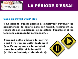 Code du travail L1221-20 :
« La période d'essai permet à l'employeur d'évaluer les
compétences du salarié dans son travail, notamment au
regard de son expérience, et au salarié d'apprécier si les
fonctions occupées lui conviennent. »
LA PÉRIODE D'ESSAI
||
Pendant cette période le contrat
peut être rompu unilatéralement
(par l'employeur ou le salarié)
sans formalité ni indemnité
(ni licenciement, ni démission).
 
