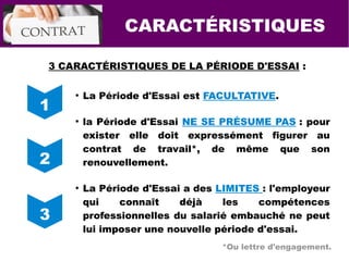 ●
La Période d'Essai est FACULTATIVE.
●
la Période d'Essai NE SE PRÉSUME PAS : pour
exister elle doit expressément figurer au
contrat de travail*, de même que son
renouvellement.
●
La Période d'Essai a des LIMITES : l'employeur
qui connaît déjà les compétences
professionnelles du salarié embauché ne peut
lui imposer une nouvelle période d'essai.
CARACTÉRISTIQUES
*Ou lettre d'engagement.
1
2
3
3 CARACTÉRISTIQUES DE LA PÉRIODE D'ESSAI :
 