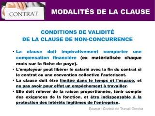 MODALITÉS DE LA CLAUSE
●
La clause doit impérativement comporter une
compensation financière (ex matérialisée chaque
mois sur la fiche de paye).
●
L'employeur peut libérer le salarié avec la fin du contrat si
le contrat ou une convention collective l'autorisent.
●
La clause doit être limitée dans le temps et l'espace, et
ne pas avoir pour effet un empêchement à travailler.
●
Elle doit relever de la raison proportionnée, tenir compte
des exigences de la fonction, et être indispensable à la
protection des intérêts légitimes de l'entreprise.
CONDITIONS DE VALIDITÉ
DE LA CLAUSE DE NON-CONCURRENCE
Source : Contrat de Travail Ooreka
 