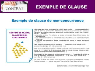 EXEMPLE DE CLAUSE
Exemple de clause de non-concurrence
CONTRAT DE TRAVAIL
CLAUSE DE NON
CONCURRENCE
Éditions Tissot : Document à télécharger (lien)
 