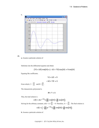 1-9 Solutions to Problems

c.

19.
a. Assume a particular solution of

Substitute into the differential equation and obtain

Equating like coefficients,

10
35
From which, C = 53 and D = 53 .
The characteristic polynomial is

Thus, the total solution is

35
35
Solving for the arbitrary constants, x(0) = A +53 = 0. Therefore, A = - 53 . The final solution is

b. Assume a particular solution of

Copyright © 2011 by John Wiley & Sons, Inc.

 