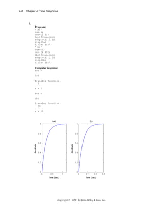4-8

Chapter 4: Time Response

3.
Program:
'(a)'
num=5;
den=[1 5];
Ga=tf(num,den)
subplot(1,2,1)
step(Ga)
title('(a)')
'(b)'
num=20;
den=[1 20];
Gb=tf(num,den)
subplot(1,2,2)
step(Gb)
title('(b)')

Computer response:
ans =
(a)
Transfer function:
5
----s + 5
ans =
(b)
Transfer function:
20
-----s + 20

Copyright © 2011 by John Wiley & Sons, Inc.

 