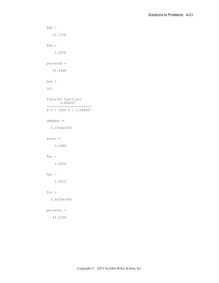 Solutions to Problems 4-21

Tpb =
15.7276

Trb =
5.2556

percentb =
85.4468

ans =
(c)

Transfer function:
1.05e007
----------------------s^2 + 1600 s + 1.05e007

omeganc =
3.2404e+003

zetac =
0.2469

Tsc =
0.0050

Tpc =
0.0010

Trc =
3.8810e-004

percentc =
44.9154

Copyright © 2011 by John Wiley & Sons, Inc.

 