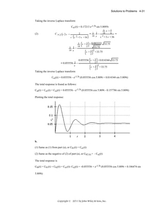 Solutions to Problems 4-31

Taking the inverse Laplace transform
Ca1(t) = 0.17213 e-1.5t sin 5.8095t
(2)

C a2 s s =
s

1 s +1
6 =
1 1 − 18
2
=
18 s s 2 + 3 s + 36
2 + 3 s + 36
s

1 s + 3 + 0.083333 33.75
2
33.75
1 1 − 18
18 s
2
s + 3 + 33.75
2

= 0.055556 1 −
s

0.055556 s + 3 + 0.014344 33.75
2

s +3
2

2

+ 33.75

Taking the inverse Laplace transform
Ca2(t) = 0.055556 - e-1.5t (0.055556 cos 5.809t + 0.014344 sin 5.809t)
The total response is found as follows:
Cat(t) = Ca1(t) + Ca2(t) = 0.055556 - e-1.5t (0.055556 cos 5.809t - 0.157786 sin 5.809t)
Plotting the total response:

b.

(1) Same as (1) from part (a), or Cb1(t) = Ca1(t)
(2) Same as the negative of (2) of part (a), or Cb2 (t) = - Ca2(t)
The total response is
Cbt(t) = Cb1(t) + Cb2(t) = Ca1(t)- Ca2(t) = -0.055556 + e-1.5t (0.055556 cos 5.809t + 0.186474 sin
5.809t)

Copyright © 2011 by John Wiley & Sons, Inc.

 