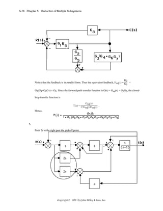 5-16 Chapter 5: Reduction of Multiple Subsystems

G2
Notice that the feedback is in parallel form. Thus the equivalent feedback, Heq(s) = G +
5

G3(G4+G6G7) + G8. Since the forward path transfer function is G(s) = Geq(s) = G1G5, the closedloop transfer function is
Geq(s)
T(s) = 1+G (s)H (s) .
eq
eq
Hence,

7.
Push 2s to the right past the pickoff point.

Copyright © 2011 by John Wiley & Sons, Inc.

 