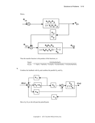 Solutions to Problems

Hence,

Thus the transfer function is the product of the functions, or
G1G2G4G5G6G7
θ22(s)
=1-G G +G G G +G G G -G G G G G +G G G G G G
θ11(s)
4 5
4 5 6
1 2 3
1 2 3 4 5
1 2 3 4 5 6
9.
Combine the feedback with G6 and combine the parallel G2 and G3.

Move G2+G3 to the left past the pickoff point.

Copyright © 2011 by John Wiley & Sons, Inc.

5-19

 