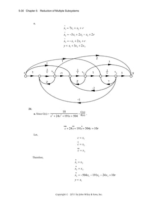 5-30 Chapter 5: Reduction of Multiple Subsystems

c.
•

x1 = 7x1 + x2 + r
•

x2 = −3x1 + 2x2 − x3 + 2r
•

x3 = − x1 + 2x3 + r
y = x1 + 3x 2 + 2x 3

2

-3

24.
a. Since G(s) =

10
C(s)
=
,
s + 24s + 191s + 504 R(s)
3

2

• ••

••

•

c + 24 c + 191c + 504c = 10r

Let,

c = x1
•

c = x2
••

c = x3

Therefore,

•

x1 = x 2
•

x2 = x 3
•

x3 = −504x1 − 191x2 − 24x 3 + 10r
y = x1

Copyright © 2011 by John Wiley & Sons, Inc.

 