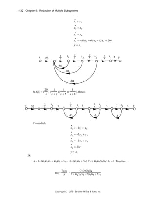 5-32 Chapter 5: Reduction of Multiple Subsystems
•

x1 = x 2
•

x2 = x 3
•

x3 = x 4
•

x4 = −80x 2 − 66x3 − 15x 4 + 20r
y = x1

r

1
s

20

1
s

x4

x

3

1
s

1
s

x

2

x

1 1

y

-15
-66

-80

b. G(s) = (

r

20

20
1
1
1
)(
)(
)(
). Hence,
s s + 2 s + 5 s +8

1
s

x

4

1

1
s

x

3

1

-2
From which,

1
s

x

2

-5

1

1
s

x

1

-8

•

x1 = −8x1 + x 2
•

x2 = −5x2 + x 3
•

x3 = −2x3 + x 4
•

x4 = 20r
y = x1
26.
Δ = 1 + [G2G3G4 + G3G4 + G4 + 1] + [G3G4 + G4]; T1 = G1G2G3G4; Δ1 = 1. Therefore,

T(s) =

T1Δ1
G1G2G3G4
= 2 + G G G + 2G G + 2G
Δ
2 3 4
3 4
4

Copyright © 2011 by John Wiley & Sons, Inc.

1

y

 