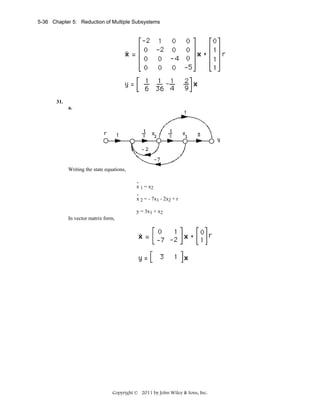 5-36 Chapter 5: Reduction of Multiple Subsystems

31.
a.

Writing the state equations,
.
x 1 = x2
.
x 2 = - 7x1 - 2x2 + r

y = 3x1 + x2
In vector matrix form,

Copyright © 2011 by John Wiley & Sons, Inc.

 