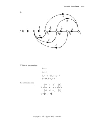 Solutions to Problems

b.

Writing the state equations,
•

x1 = x 2
•

x2 = x 3
•

x3 = − x1 − 2x2 − 5x3 + r
y = 6x1 + 2x 2 + x3
In vector matrix form,

1
⎡0
x = ⎢0
0
⎢−1 −2
⎣
•

0⎤
⎡ 0⎤
1 ⎥ X + ⎢ 0⎥ r
⎢ 1⎥
−5⎥
⎦
⎣ ⎦

y = [6 2 1]x

Copyright © 2011 by John Wiley & Sons, Inc.

5-37

 