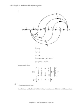 5-38 Chapter 5: Reduction of Multiple Subsystems

c.

.
x 1 = x2
.
x 2 = x3
.
x 3 = x4
.
x 4 = - 4x1 - 6x2 - 5x3 - 3x4 + r

y = x1 + 7x2 + 2x3 + x4
In vector matrix form,

32.
a. Controller canonical form:

From the phase-variable form in Problem 5.31(a), reverse the order of the state variables and obtain,

Copyright © 2011 by John Wiley & Sons, Inc.

 