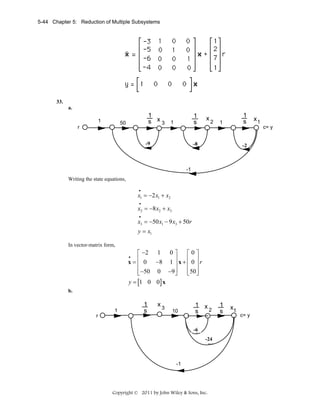 5-44 Chapter 5: Reduction of Multiple Subsystems

33.
a.
1

1
s x3 1

50

r

1
s

-9
-2

x

2

1
s

1

c= y

-5
-8

-7
-2

-1

Writing the state equations,
•

x1 = −2 x1 + x2
•

x2 = −8 x2 + x3
•

x3 = −50 x1 − 9 x3 + 50r
y = x1
In vector-matrix form,

⎡ −2 1 0 ⎤
⎡0⎤
⎢ 0 −8 1 ⎥ x + ⎢ 0 ⎥ r
x=⎢
⎥
⎢ ⎥
⎢ −50 0 −9 ⎥
⎢50 ⎥
⎣
⎦
⎣ ⎦
y = [1 0 0] x
•

b.

1
r

1
s

x3

10

1 x
2
s
-6
-8
-24
-25

-1

Copyright © 2011 by John Wiley & Sons, Inc.

1
s

x1

x1

c= y

 