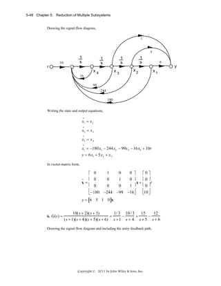 5-48 Chapter 5: Reduction of Multiple Subsystems

Drawing the signal-flow diagram,
1

5

1
s

10

r
16

1
s

1
s

1
s
x4

x3

x2

6

y
x1

99
244
180

Writing the state and output equations,
•

x1 = x 2
•

x2 = x 3
•

x3 = x 4
•

x1 = −180x1 − 244x2 − 99x 3 − 16x4 + 10r
y = 6x1 + 5x2 + x 3
In vector-matrix form,

⎡ 0
•
⎢ 0
x=
⎢ 0
⎢− 180
⎣

1
0
0
1
0
0
−244 −99

0 ⎤
⎡0⎤
0 ⎥
⎢0⎥
x+
r
⎢0⎥
1 ⎥
⎢10 ⎥
−16⎥
⎣ ⎦
⎦

y = [6 5 1 0]x

b.

G(s) =

10(s + 2)(s + 3)
1/ 3 10 / 3 15
12
=
−
+
−
(s + 1)(s + 4)(s + 5)(s + 6) s + 1 s + 4 s + 5 s + 6

Drawing the signal-flow diagram and including the unity-feedback path,

Copyright © 2011 by John Wiley & Sons, Inc.

 