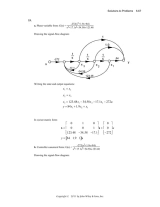 Solutions to Problems

53.

-272(s2+1.9s+84)
a. Phase-variable from: G(s) = 3
s +17.1s2+34.58s-123.48
Drawing the signal-flow diagram:

1
1.9
1
s

-272

u
-17.1

1
s

1
s
x3

x2

84

x1

-34.58
123.48

Writing the state and output equations:
.

x1 = x2
.

x2 = x3
.

x3 = 123.48x1 − 34.58x 2 − 17.1x3 − 272u
y = 84x1 + 1.9x2 + x3

In vector-matrix form:

1
0 ⎤
⎡ 0
⎡ 0 ⎤
x=⎢ 0
0
1 ⎥x + ⎢ 0 ⎥u
⎢123.48 −34.58 −17.1⎥
⎢ −272⎥
⎦
⎦
⎣
⎣
.

y = [84 1.9 1]x
-272(s2+1.9s+84)
b. Controller canonical form: G(s) = 3
s +17.1s2+34.58s-123.48
Drawing the signal-flow diagram:

Copyright © 2011 by John Wiley & Sons, Inc.

y

5-67

 