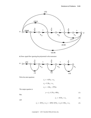 Solutions to Problems

5-69

-272

-516.8

u

1
s

22848

1
s

1

1
s

1

1

y
x3

x2

x1
-17.1

-34.58

123.48

d. Draw signal-flow ignoring the polynomial in the numerator:

u

1
s

-272

1
s

1

x

1

x

3

x1

2

1.8

-14

1
s

-4.9

Write the state equations:
.

.
x1 = − 4.9 x1 + x 2
.

x2 = 1.8x 2 + x 3
.

x3 = − 14 x3 − 272 u
The output equation is
..

.

y = x1 +1.9 x1 + 84 x1

(1)

But,
.

x1 = −4.9x1 + x 2

(2)

and
..

.

.

x1 = −4.9 x1 + x 2 = −4.9(−4.9x1 + x2 ) + 1.8x 2 + x 3

Copyright © 2011 by John Wiley & Sons, Inc.

(3)

 