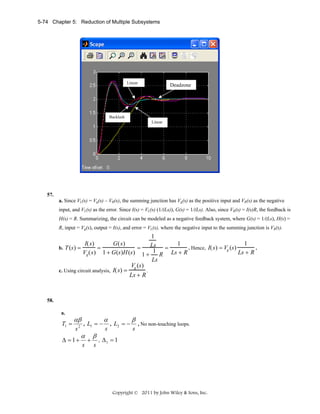 5-74 Chapter 5: Reduction of Multiple Subsystems

Linear

Deadzone

Backlash
Linear

57.
a. Since VL(s) = Vg(s) – VR(s), the summing junction has Vg(s) as the positive input and VR(s) as the negative

input, and VL(s) as the error. Since I(s) = VL(s) (1/(Ls)), G(s) = 1/(Ls). Also, since VR(s) = I(s)R, the feedback is
H(s) = R. Summarizing, the circuit can be modeled as a negative feedback system, where G(s) = 1/(Ls), H(s) =
R, input = Vg(s), output = I(s), and error = VL(s), where the negative input to the summing junction is VR(s).

1
I( s)
G( s)
Ls = 1 . Hence, I( s ) = V (s) 1 .
b. T (s ) =
=
=
g
Ls + R
Vg ( s) 1 + G (s )H (s ) 1 + 1 R Ls + R
Ls
Vg (s)
c. Using circuit analysis, I(s) =
.
Ls + R

58.
a.

T1 =

αβ
s

2

Δ = 1+

, L1 = −

α
s

+

β
s

,

α
s

, L2 = −

β
s

, No non-touching loops.

Δ1 = 1

Copyright © 2011 by John Wiley & Sons, Inc.

 