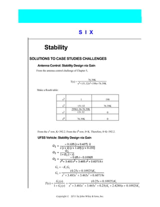 S I X

Stability
SOLUTIONS TO CASE STUDIES CHALLENGES
Antenna Control: Stability Design via Gain
From the antenna control challenge of Chapter 5,

76.39K
T(s) = 3
s +151.32s2+198s+76.39K
Make a Routh table:
s3

1

198

s2

76.39K

s1

151.32
29961.36-76.39K
151.32

s0

76.39K

0

0

From the s1 row, K<392.2. From the s0 row, 0<K. Therefore, 0<K<392.2.

UFSS Vehicle: Stability Design via Gain

G3 = −K1 G2

G3 =
T (s) =

(0.25s + 0.10925)K1
s + 3.483s3 + 3.465s2 + 0.60719s
4

G3 (s)
(0.25s + 0.10925)K1
= 4
3
1 + G3 (s) s + 3.483s + 3.465s2 + 0.25(K1 + 2.4288)s + 0.10925K1
Copyright © 2011 by John Wiley & Sons, Inc.

 