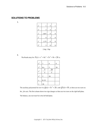 Solutions to Problems 6-3

SOLUTIONS TO PROBLEMS
1.
s5

1

5

1

s4

3

4

3

s3

3.667

0

0

s2

4

3

0

s1

-2.75

0

0

s0

3

0

0

2 rhp; 3 lhp

2.
The Routh array for P ( s ) = s + 6 s + 5s + 8s + 20 is:
5

3

2

s5

1

6

8

s4

0ε

5

20

s3

−

s2

5

s

0 10

1

20

5

ε

−

20

ε

20

The auxiliary polynomial for row 4 is Q ( s ) = 5s + 20 , with
2

the

Q′( s) = 10 , so there are two roots on

jω -axis. The first column shows two sign changes so there are two roors on the right half-plane.

The balance, one root must be in the left half-plane.

Copyright © 2011 by John Wiley & Sons, Inc.

 
