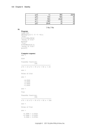 6-8 Chapter 6: Stability

2 rhp, 2 lhp
10.
Program:
numg=240;
deng=poly([-1 -2 -3 -4]);
'G(s)'
G=tf(numg,deng)
'Poles of G(s)'
pole(G)
'T(s)'
T=feedback(G,1)
'Poles of T(s)'
pole(T)

Computer response:
ans =
G(s)
Transfer function:
240
--------------------------------s^4 + 10 s^3 + 35 s^2 + 50 s + 24
ans =
Poles of G(s)
ans =
-4.0000
-3.0000
-2.0000
-1.0000
ans =
T(s)
Transfer function:
240
---------------------------------s^4 + 10 s^3 + 35 s^2 + 50 s + 264
ans =
Poles of T(s)
ans =
-5.3948 + 2.6702i
-5.3948 - 2.6702i
0.3948 + 2.6702i

Copyright © 2011 by John Wiley & Sons, Inc.

 