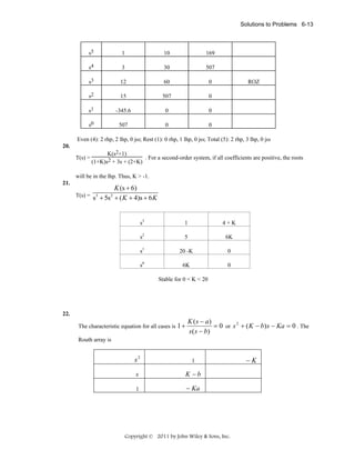 Solutions to Problems 6-13

s5

1

10

169

s4

3

30

507

s3

12

60

0

s2

15

507

0

s1

-345.6

0

0

s0

507

0

0

ROZ

Even (4): 2 rhp, 2 lhp, 0 jω; Rest (1): 0 rhp, 1 lhp, 0 jω; Total (5): 2 rhp, 3 lhp, 0 jω
20.

T(s) =

K(s2+1)
. For a second-order system, if all coefficients are positive, the roots
(1+K)s2 + 3s + (2+K)

will be in the lhp. Thus, K > -1.
21.

K (s + 6)
T(s) = s3 + 5s 2 + ( K + 4)s + 6 K

s3

1

4+K

s2

5

6K

s1

20 -K

0

s0

6K

0

Stable for 0 < K < 20

22.

The characteristic equation for all cases is 1 +

K ( s − a)
= 0 or s 2 + ( K − b) s − Ka = 0 . The
s ( s − b)

Routh array is

s2

1

s

K −b

1

− Ka

Copyright © 2011 by John Wiley & Sons, Inc.

−K

 