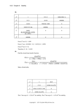 6-32 Chapter 6: Stability

58.

s5

1

1311.2

1000(100K+1)

s4

112.1

10130

60000K

s3

1220.8

99465K+1000

0

s2

10038-9133.4K

60000K

0

s1

99465
(K+0.010841)(K-1.0192)
(K-1.0991)

0

0

s0

60000K

0

0

From s2 row: K < 1.099
From s1 row: -0.010841 < K < 1.0192; K > 1.0991
From s0 row: 0 < K
Therefore, 0 < K < 1.0192
59.

Find the closed-loop transfer function.

G(s) =

63x106 K
(s + 30)(s + 140)(s + 2.5)

T (s) =

G(s)
63x10 6 K
= 3
1 + G(s)H(s) s + 172.5s2 + 4625s + (10500 + 63x10 6 K)

Make a Routh table.

s3

1

4625

s2

172.5

10500+63x106K

s1

4564.13-365217.39K

0

s0

10500+63x106K

0

The s1 line says K < 1.25x10-2 for stability. The s0 line says K > -1.67x10-4 for stability.

Copyright © 2011 by John Wiley & Sons, Inc.

 