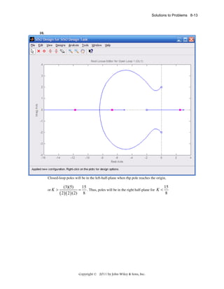 Solutions to Problems 8-13

10.

Closed-loop poles will be in the left-half-plane when rhp pole reaches the origin,
or K >

15
(3)(5)
15
= . Thus, poles will be in the right half-plane for K <
8
( 2 )( 2 ) (2) 8

Copyright © 2011 by John Wiley & Sons, Inc.

 