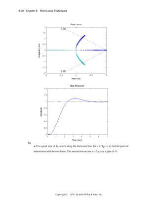 8-30 Chapter 8: Root Locus Techniques

34.

a. For a peak time of 1s, search along the horizontal line, Im = π/ Tp= π, to find the point of
intersection with the root locus. The intersection occurs at –2 ± jπ at a gain of 11.

Copyright © 2011 by John Wiley & Sons, Inc.

 
