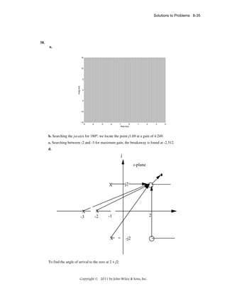 Solutions to Problems 8-35

38.
a.
15

10

Imag Axis

5

0

-5

-10

-15
-5

-4

-3

-2

-1
0
Real Axis

1

2

3

4

b. Searching the jω axis for 180o, we locate the point j1.69 at a gain of 4.249.
c. Searching between -2 and -3 for maximum gain, the breakaway is found at -2.512.
d.

j
s-plane

X

X
-3

X
-2

j2

2

-1

X

-j2

To find the angle of arrival to the zero at 2 + j2:

Copyright © 2011 by John Wiley & Sons, Inc.

 