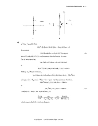 Solutions to Problems 8-47

c

d

48.
a. Using Figure P8.15(a),
[Ms2+(D+Dc)s+(K+Kc)]X(s) - [Dcs+Kc]Xa(s) = 0
Rearranging,
[Ms2+Ds+K]X(s) = -[Dcs+Kc](X(s)-Xa(s))

(1)

where [Dcs+Kc](X(s)-Xa(s)) can be thought of as the input to the plant.
For the active absorber,
(Mcs2+Dcs+Kc)Xa(s) - (Dcs+Kc)X(s) = 0
or
Mcs2Xa(s)+Dcs(Xa(s)-X(s))+Kc(Xa(s)-X(s)) = 0
Adding -Mcs2X(s) to both sides,
Mcs2(Xa(s)-X(s))+Dcs(Xa(s)-X(s))+Kc(Xa(s)-X(s)) = -Mcs2X(s)
Let Xa(s)-X(s) = Xc(s) and s2X(s) = C(s) = plant output acceleration. Therefore,
Mcs2Xc(s)+DcsXc(s)+KcXc(s) = -McC(s)
or
(Mcs2+Dcs+Kc)Xc(s) = -McC(s)
Using Eqs. (1) and (2), and Xa(s)-X(s) = Xc(s),
Xc(s)
-Mc
Dcs+Kc
X(s)
=
2+D s+K ; Xc(s) = Ms2+Ds+K
C(s)
Mcs
c
c
which suggests the following block diagram:

Copyright © 2011 by John Wiley & Sons, Inc.

(2)

 