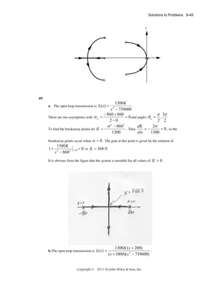 Solutions to Problems 8-49

j
o
x

x

oo

x
o

49.

1300 K
.
s − 739600
− 860 + 860
π 3π
= 0 and angles θ a = ,
There are two asymptotes with σ a =
2 2
2−0
2
2
2σ
dK
σ − 860
=−
= 0 , so the
To find the breakaway points let K = −
. Then
1300
1300
dσ
a. The open loop transmission is

breakaway points occur when

1300 K
1+ 2
s − 860 2

s =0

L( s ) =

2

σ = 0 . The gain at this point is given by the solution of

= 0 or K = 568.9

It is obvious from the figure that the system is unstable for all values of K > 0 .

b. The open loop transmission is

L( s ) =

1300 K ( s + 200)
.
( s + 1000)(s 2 − 739600)

Copyright © 2011 by John Wiley & Sons, Inc.

 