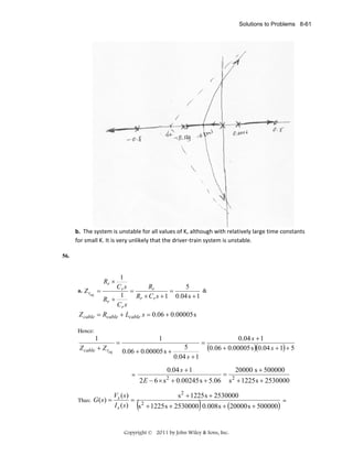 Solutions to Problems 8-61

b. The system is unstable for all values of K, although with relatively large time constants 
for small K. It is very unlikely that the driver‐train system is unstable. 
56.

1
Rr
Cr s
5
&
=
=
=
1
Rr × Cr s + 1 0.04 s + 1
Rr +
Cr s
= Rcable + Lcable s = 0.06 + 0.00005 s
Rr ×

a. Z r

eq

Z cable
Hence:

1
1
=
Z cable + Z req 0.06 + 0.00005 s +

G ( s) =

0.04 s + 1
(0.06 + 0.00005 s )(0.04 s + 1) + 5

0.04 s + 1

=

Thus:

5
0.04 s + 1

=

2 E − 6 × s + 0.00245 s + 5.06
2

=

20000 s + 500000
s + 1225 s + 2530000
2

Vs ( s )
s 2 + 1225 s + 2530000
= 2
=
I s ( s) s + 1225 s + 2530000 0.008 s + (20000 s + 500000)

(

)

Copyright © 2011 by John Wiley & Sons, Inc.

 