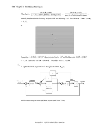 8-68 Chapter 8: Root Locus Techniques

Thus Ge(s) =

240.497K1(s+1.6)
240.497K1(s+1.6)
=
.
s(s+1.01)(s+8.044+j13.932)(s+8.044-j13.932)
s(s+1.01)(s2+16.088s+258.8066)

Plotting the root locus and searching the jω axis for 180o we find j15.792 with 240.497K1 = 4002.6, or K1
= 16.643.
e.
Root Locus with 0.45 Damping Ratio Line
30

20

Imag Axis

10
0

-10
-20

-30
-30

-20

-10

0
Real Axis

10

20

30

Search the ζ = 0.45 (θ = 116.744o ) damping ratio line for 180o and find the point, -6.685 + j13.267
= 14.856 ∠ 116.744o with a K = 240.497K1 = 621.546. Thus, K1 = 2.584.
61.
a. Update the block diagram to show the signals that form Hsys(s).

Perform block diagram reduction of the parallel paths from TW(s).

Copyright © 2011 by John Wiley & Sons, Inc.

 