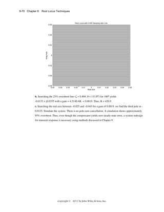 8-70 Chapter 8: Root Locus Techniques

Root Locus with 0.404 Damping ratio Line

0.06

0.04

Imag Axis

0.02

0

-0.02

-0.04

-0.06
-0.05

-0.04

-0.03

-0.02

-0.01

0
Real Axis

0.01

0.02

0.03

0.04

0.05

b. Searching the 25% overshoot line (ζ = 0.404; θ = 113.8o) for 180o yields
-0.0153 + j0.0355 with a gain = 4.514E-6K = 0.0019. Thus, K = 420.9.
c. Searching the real axis between –0.025 and –0.043 for a gain of 0.0019. we find the third pole at 0.0125. Simulate the system. There is no pole-zero cancellation. A simulation shows approximately
95% overshoot. Thus, even though the compensator yields zero steady-state error, a system redesign
for transient response is necessary using methods discussed in Chapter 9.

Copyright © 2011 by John Wiley & Sons, Inc.

 