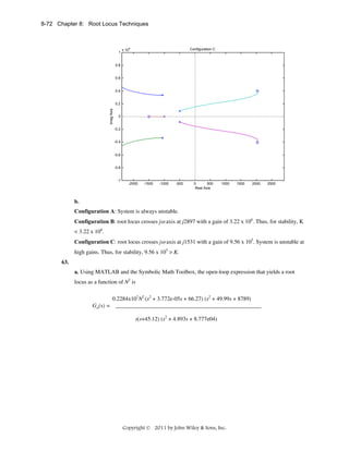 8-72 Chapter 8: Root Locus Techniques

1

x 104

Configuration C

0.8

0.6

0.4

Imag Axis

0.2

0

-0.2

-0.4

-0.6

-0.8

-1

-2000

-1500

-1000

-500

0
500
Real Axis

1000

1500

2000

2500

b.
Configuration A: System is always unstable.
Configuration B: root locus crosses jω axis at j2897 with a gain of 3.22 x 106. Thus, for stability, K
< 3.22 x 106.
Configuration C: root locus crosses jω axis at j1531 with a gain of 9.56 x 105. System is unstable at
high gains. Thus, for stability, 9.56 x 105 > K.
63.
a. Using MATLAB and the Symbolic Math Toolbox, the open-loop expression that yields a root
locus as a function of N2 is
0.2284x107N2 (s2 + 3.772e-05s + 66.27) (s2 + 49.99s + 8789)
________________
Gdt(s) =
s(s+45.12) (s2 + 4.893s + 8.777e04)

Copyright © 2011 by John Wiley & Sons, Inc.

 