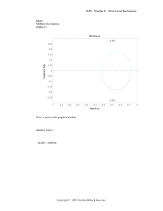 8-85 Chapter 8: Root Locus Techniques

figure;
%Obtain the response
step(sysc)

Root Locus
0.707
0.25
0.2
0.15

Imaginary Axis

0.1
0.05
0
-0.05
-0.1
-0.15
-0.2
-0.25
0.707
-1

-0.9

-0.8

-0.7

-0.6

-0.5

-0.4

Real Axis

Select a point in the graphics window

selected_point =

-0.1031 + 0.0978i

Copyright © 2011 by John Wiley & Sons, Inc.

-0.3

-0.2

-0.1

0

 
