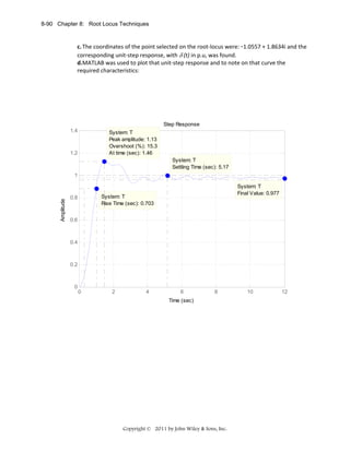 8-90 Chapter 8: Root Locus Techniques

c. The coordinates of the point selected on the root‐locus were: ‐1.0557 + 1.8634i and the 
corresponding unit‐step response, with δ (t) in p.u, was found. 
d.MATLAB was used to plot that unit‐step response and to note on that curve the 
required characteristics: 

Step Response
1.4

System: T
Peak amplitude: 1.13
Overshoot (%): 15.3
At time (sec): 1.46

1.2

System: T
Settling Time (sec): 5.17

Amplitude

1
System: T
Final Value: 0.977

System: T
Rise Time (sec): 0.703

0.8

0.6

0.4

0.2

0

0

2

4

6

8

Time (sec)

Copyright © 2011 by John Wiley & Sons, Inc.

10

12

 