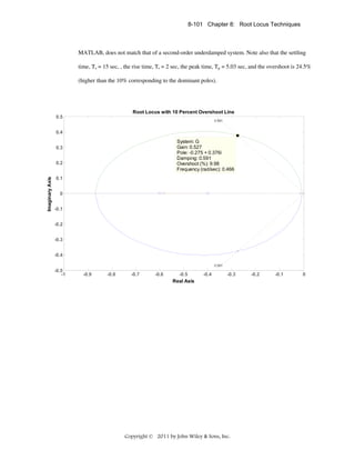 8-101 Chapter 8: Root Locus Techniques

MATLAB, does not match that of a second-order underdamped system. Note also that the settling
time, Ts = 15 sec, , the rise time, Tr = 2 sec, the peak time, Tp = 5.03 sec, and the overshoot is 24.5%
(higher than the 10% corresponding to the dominant poles).

Root Locus with 10 Percent Overshoot Line
0.5

0.591

0.4
System: G
Gain: 0.527
Pole: -0.275 + 0.376i
Damping: 0.591
Overshoot (%): 9.98
Frequency (rad/sec): 0.466

0.3

Imaginary Axis

0.2
0.1
0
-0.1
-0.2
-0.3
-0.4

0.591

-0.5
-1

-0.9

-0.8

-0.7

-0.6

-0.5
Real Axis

-0.4

-0.3

Copyright © 2011 by John Wiley & Sons, Inc.

-0.2

-0.1

0

 
