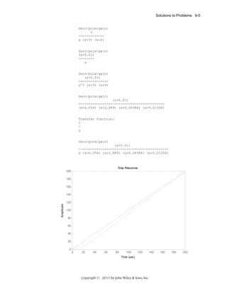 Solutions to Problems 9-5

Zero/pole/gain:
1
------------s (s+3) (s+6)

Zero/pole/gain:
(s+0.01)
-------s

Zero/pole/gain:
(s+0.01)
--------------s^2 (s+3) (s+6)

Zero/pole/gain:
(s+0.01)
------------------------------------------(s+6.054) (s+2.889) (s+0.04384) (s+0.01304)

Transfer function:
1
s

Zero/pole/gain:
(s+0.01)
--------------------------------------------s (s+6.054) (s+2.889) (s+0.04384) (s+0.01304)

Step Response
200
180
160

Amplitude

140
120
100
80
60
40
20
0

0

20

40

60

80

100

120

140

Time (sec)

Copyright © 2011 by John Wiley & Sons, Inc.

160

180

200

 