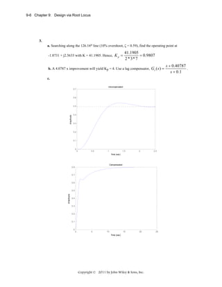 9-6 Chapter 9: Design via Root Locus

3.
a. Searching along the 126.16o line (10% overshoot, ζ = 0.59), find the operating point at
-1.8731 + j2.5633 with K = 41.1905. Hence, K p =

41.1905
= 0.9807
2 * 3* 7

b. A 4.0787 x improvement will yield Kp = 4. Use a lag compensator, Gc ( s ) =
c.
Uncompensated
0.7

0.6

Amplitude

0.5

0.4

0.3

0.2

0.1

0

0

0.5

1

1.5

2

2.5

Time (sec)

Compensated
0.8

0.7

0.6

Amplitude

0.5

0.4

0.3

0.2

0.1

0
0

5

10

15

20

Time (sec)

Copyright © 2011 by John Wiley & Sons, Inc.

25

s + 0.40787
.
s + 0.1

 