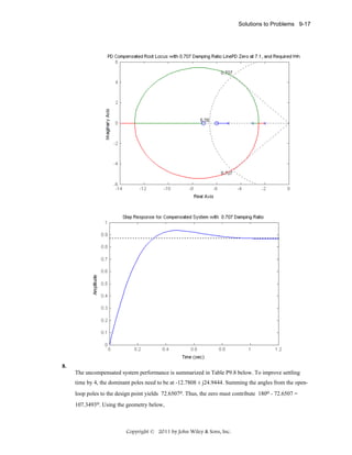 Solutions to Problems 9-17

8.
The uncompensated system performance is summarized in Table P9.8 below. To improve settling
time by 4, the dominant poles need to be at -12.7808 ± j24.9444. Summing the angles from the openloop poles to the design point yields 72.6507o. Thus, the zero must contribute 180o - 72.6507 =
107.3493o. Using the geometry below,

Copyright © 2011 by John Wiley & Sons, Inc.

 