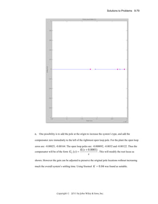 Solutions to Problems 9-79

c.

One possibility is to add the pole at the origin to increase the system’s type, and add the

compensator zero immediatly to the left of the rightmost open loop pole. For the plant the open loop
zeros are: -0.00025, -0.00164. The open loop poles are: -0.000092, -0.0032 and -0.00122. Thus the
compensator will be of the form GC ( s ) =

K ( s + 0.0001)
. This will modify the root locus as
s

shown. However the gain can be adjusted to preserve the original pole locations without increasing
much the overall system’s settling time. Using Sisotool K = 0 .04 was found as suitable.

Copyright © 2011 by John Wiley & Sons, Inc.

 