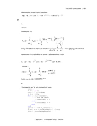 Solutions to Problems 2-39

Obtaining the inverse Laplace transform:

N (t ) = 6.1364 × 10 7 − 7 × 10 4 e −0.8116t − 19.3 × 10 4 e −0.1084t
57.
a.

‘Exact’:
From Figure (a)

1
1
3
−0.005 s
)
3 (1 − e −0.005 s ) 8 (1 − e
8 V ( s) = 8
=
Vo ( s ) =
1 in
1
s
⎛ 1⎞
s+
s+
s⎜s + ⎟
8
8
⎝ 8⎠
1
1
1
= −
. Thus, applying partial fraction
Using Partial fraction expansions note that
s ( s + 1) s s + 1
expansion to Vo(s) and taking the inverse Laplace transform yields,

So vo (t ) = 3(1 − e

1
− t
8

)u (t ) − 3(1 − e

1
− ( t − 0.005)
8

)u (t − 0.005)

‘Impulse’:

1
1
0.001875
Vo ( s ) = 8 Vin ( s ) = 8 0.015 =
1
1
s + 0.125
s+
s+
8
8
In this case vo (t ) = 0.001875e

−0.125t

b.

The following M-File will simulate both inputs:
syms s
s = tf('s');
G=(1/8)/(s+(1/8));
t=0:1e-4:10;
for i=1:max(size(t)),
if(i*1e-4 <= 5e-3)
vinexact(i) = 3;
else
vinexact(i) = 0;
end
end
yexact = lsim(G,vinexact,t);
yimpulse = 0.001875*exp(-(1/8)*t);
plot(t,yexact,t,yimpulse)

Copyright © 2011 by John Wiley & Sons, Inc.

 