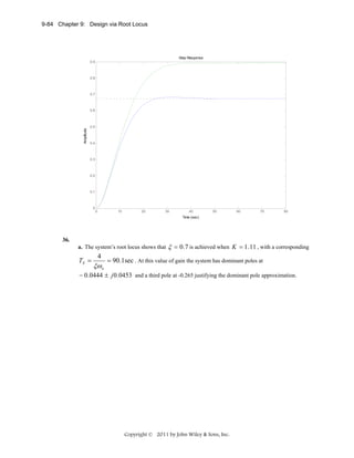 9-84 Chapter 9: Design via Root Locus

Step Response
0.9

0.8

0.7

Amplitude

0.6

0.5

0.4

0.3

0.2

0.1

0

0

10

20

30

40

50

60

70

80

Time (sec)

36.
a. The system’s root locus shows that

TS =

4

ξω n

ξ = 0.7 is achieved when K = 1 .11 , with a corresponding

= 90.1sec . At this value of gain the system has dominant poles at

− 0.0444 ± j 0.0453 and a third pole at -0.265 justifying the dominant pole approximation.

Copyright © 2011 by John Wiley & Sons, Inc.

 