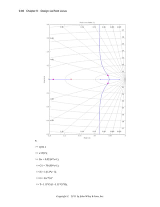 9-86 Chapter 9: Design via Root Locus

c.
>> syms s
>> s=tf('s');
>> Gv = 0.02/(4*s+1);
>> G1 = 70/(50*s+1);
>> H = 1/(12*s+1);
>> G = Gv*G1’
>> T=1.11*G/(1+1.11*G*H);

Copyright © 2011 by John Wiley & Sons, Inc.

 